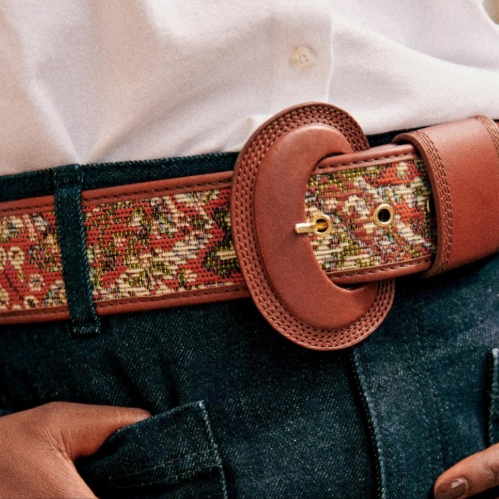 Sezane Brown Leather and Multicolor Woven Belt